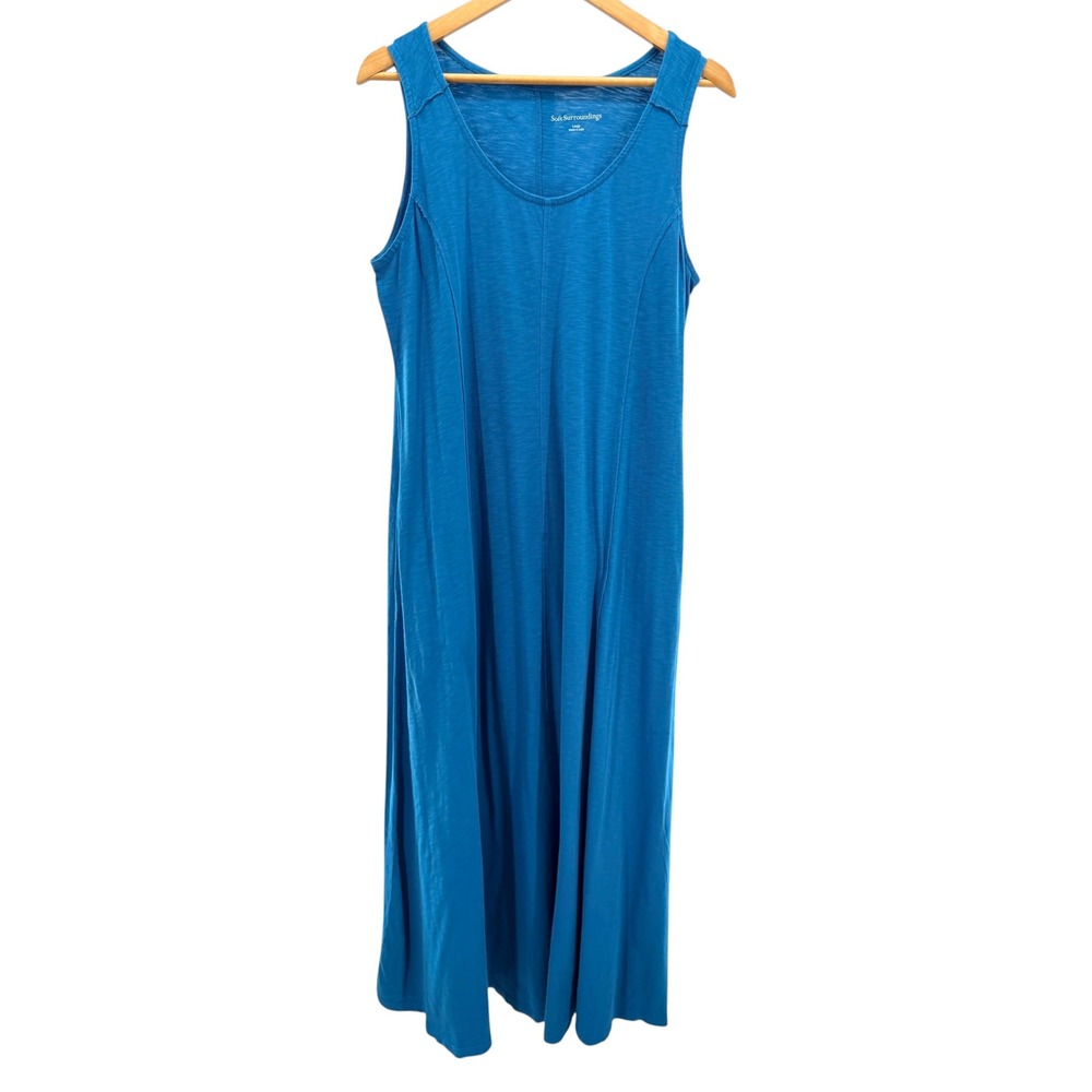 Soft Surroundings Penny Dress Fjord Blue Organic Cotton Maxi Sleeveless L New